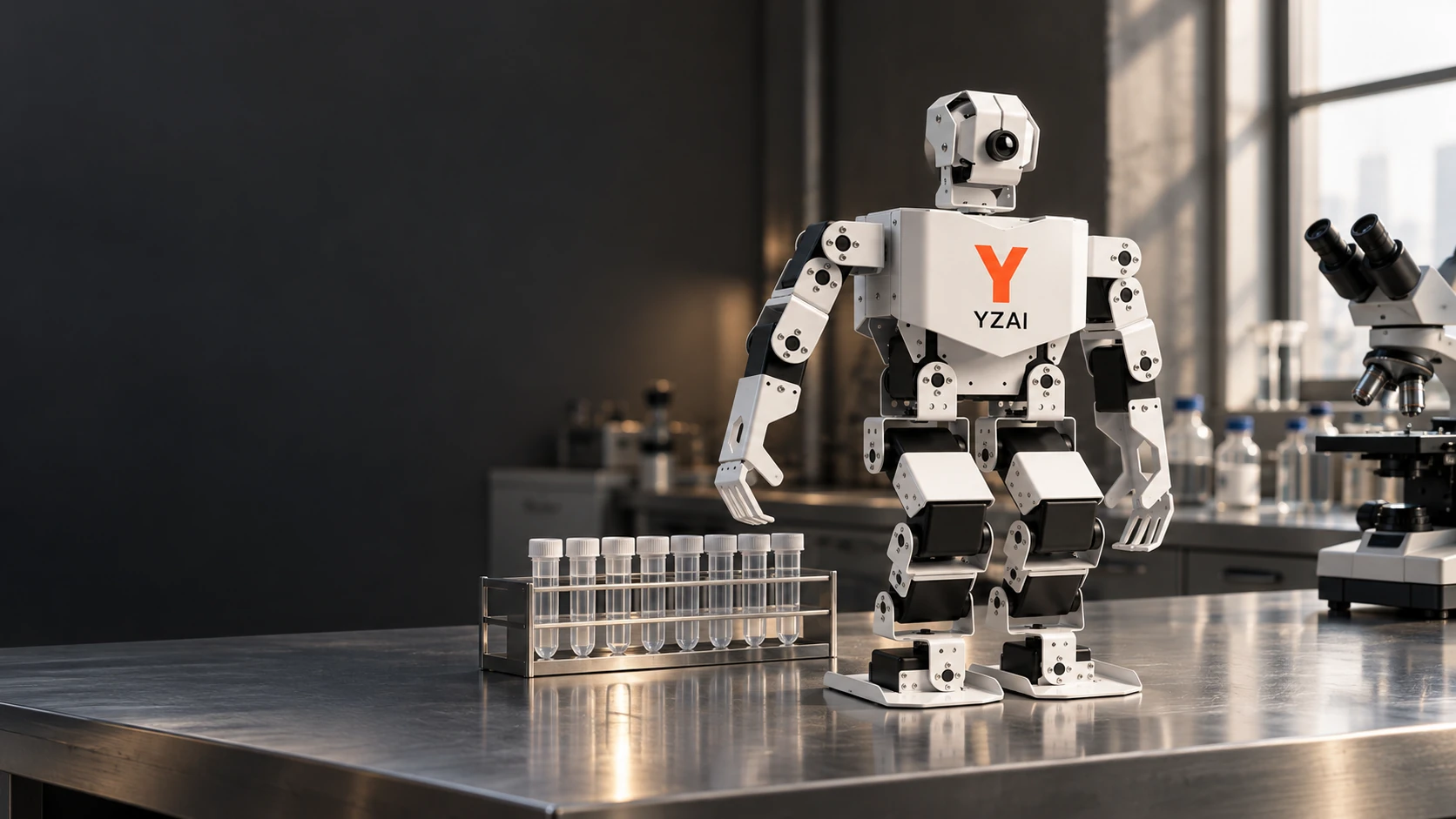 YZAI-branded Zhuangzi robot beside a sample rack in a laboratory; concept image